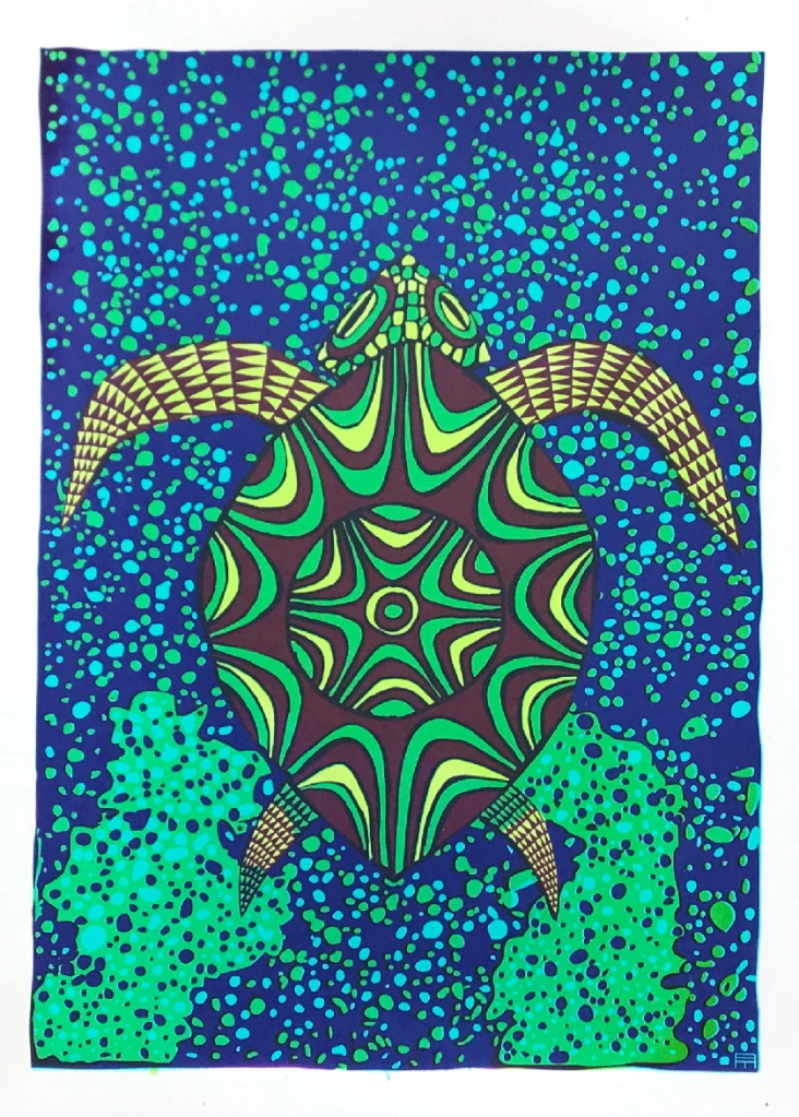 a vibrant, stylised image of a sea turtle screen printed in greens and blues